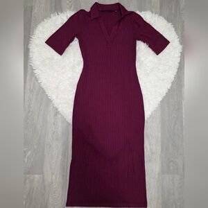 Colleen Lopez Ribbed Midi Dress with Collar - Burgundy - NWT Size XXS